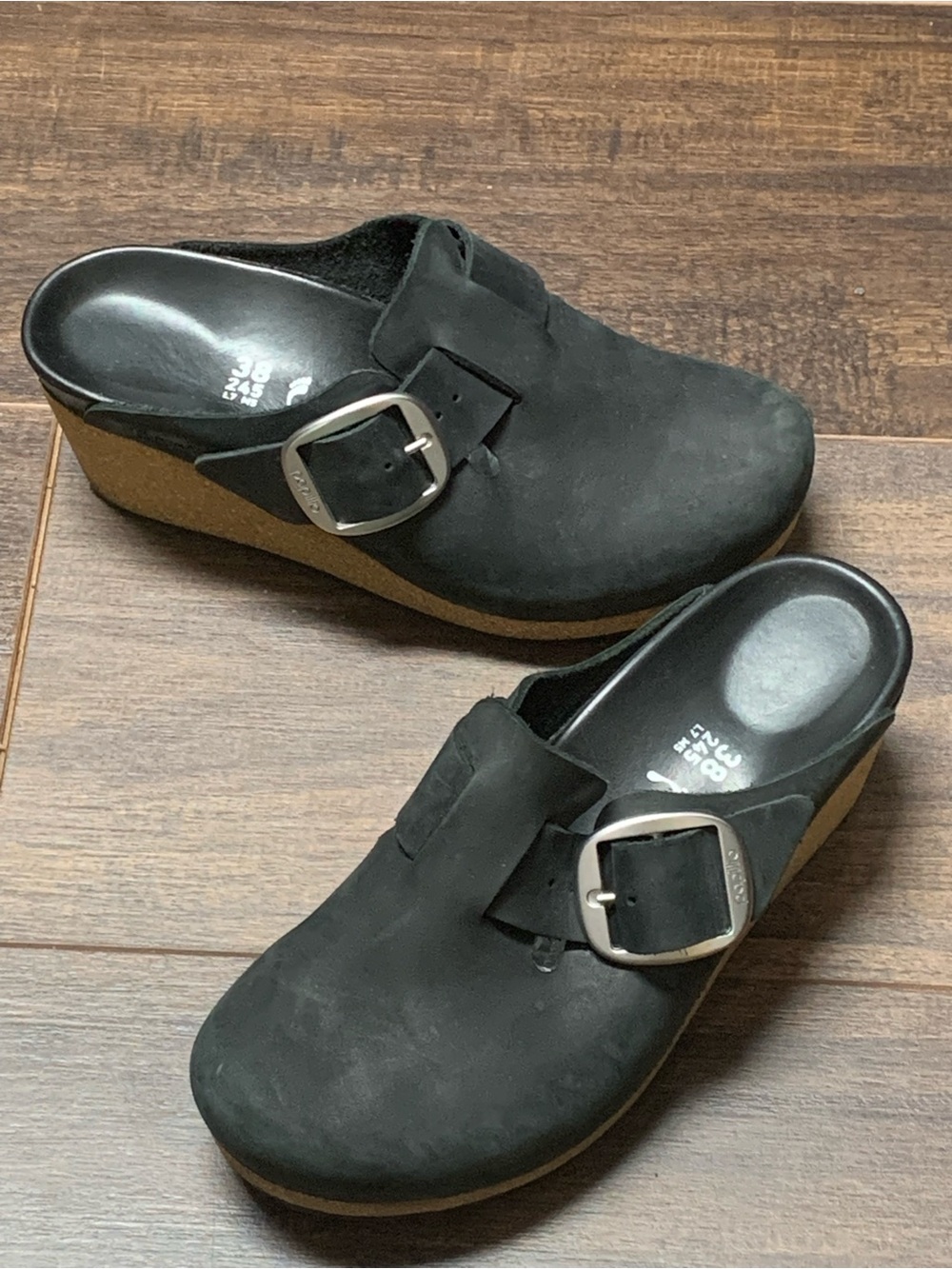 Papillio Birkenstock Fanny Ring Buckle Wedge Black Leather Size 38